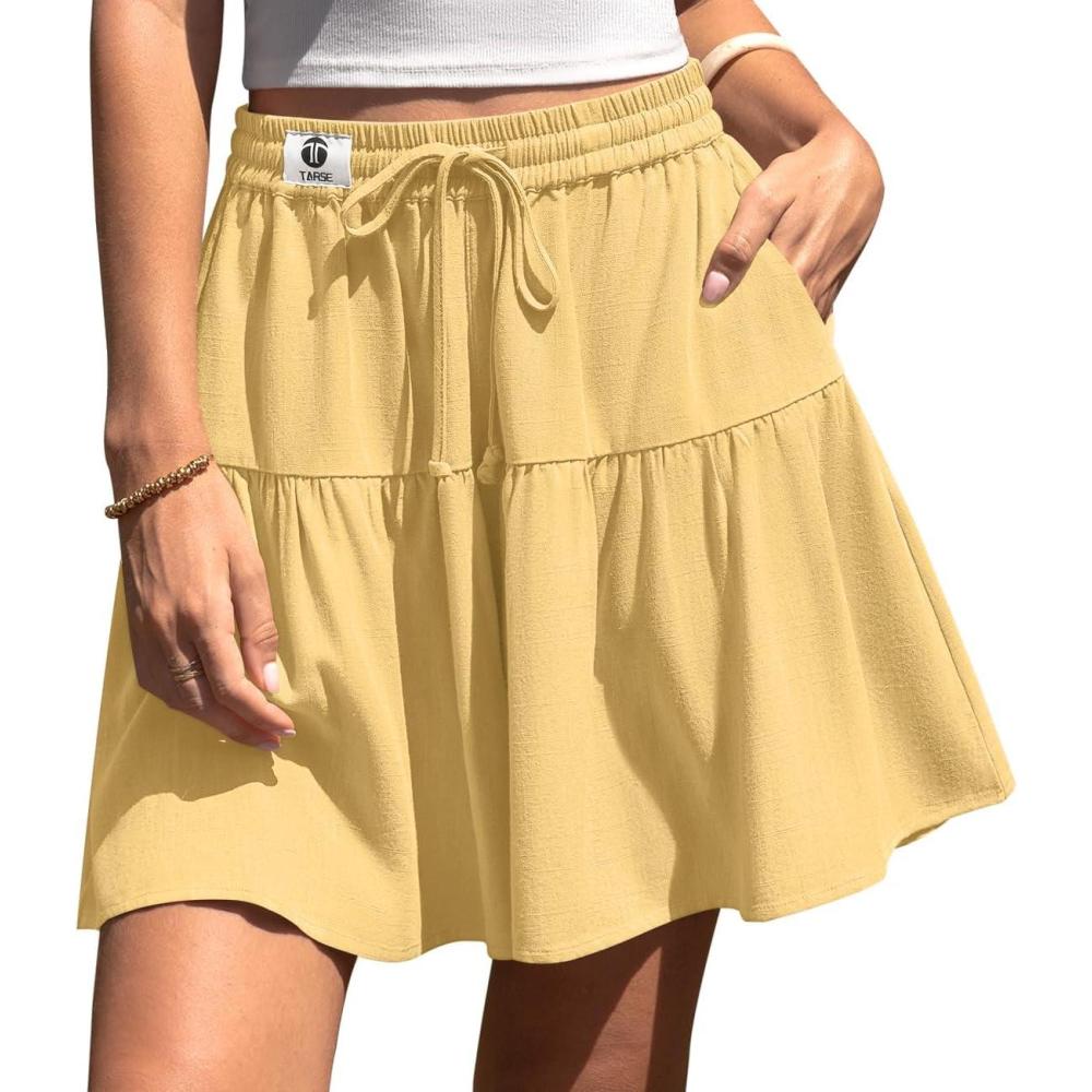 image:imageTARSE Womens Linen Skirt Pants Wide Leg Flowy Shorts Drawstring Loose Fit Summer Casual Lightweight Comfy Vacation WearRust Yellow