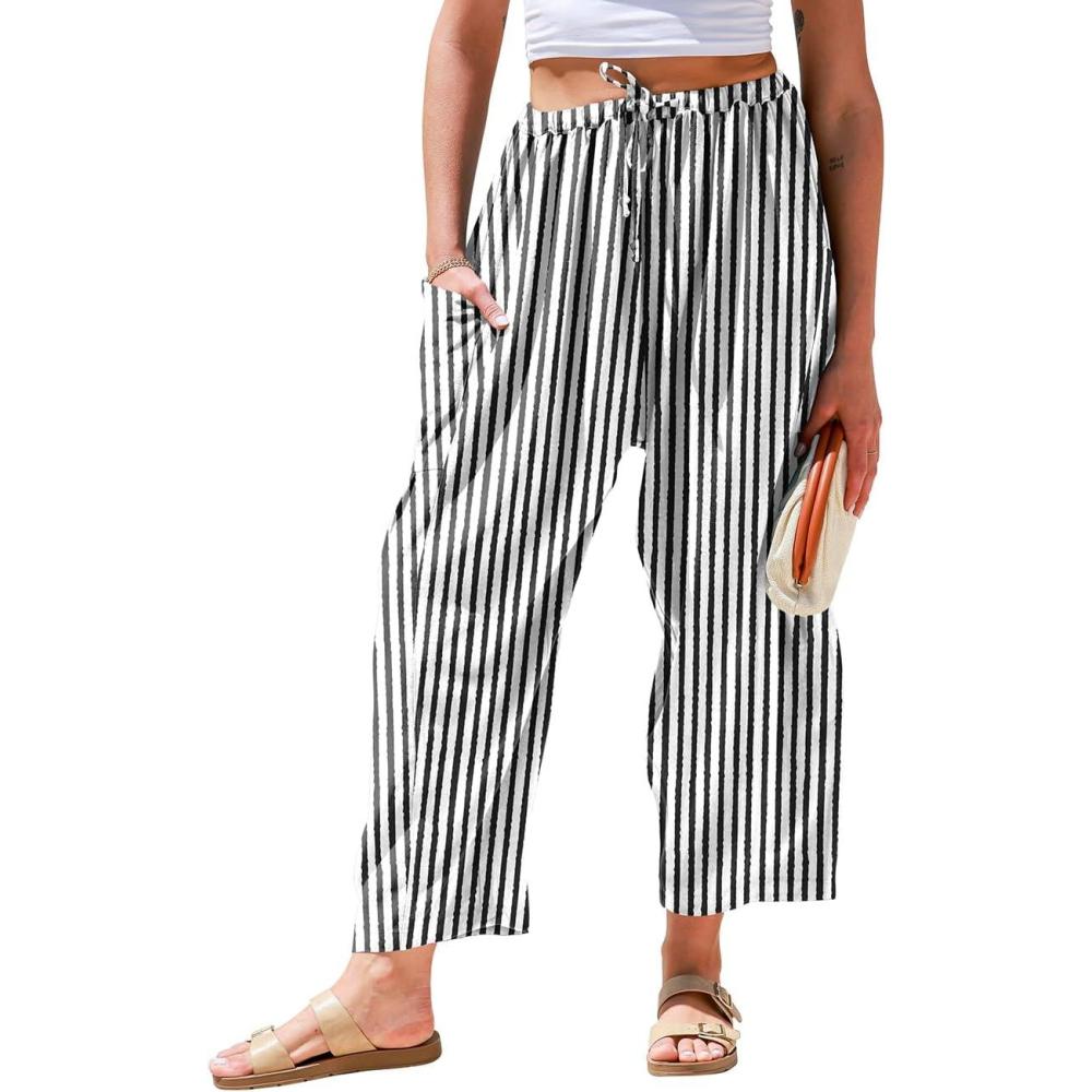 image:imageTARSE Womens Linen Wide Leg Pants Casual Loose Drawstring Summer 2025 Beach Travel Vacation Palazzo Harem Pants with PocketsStripe Black White