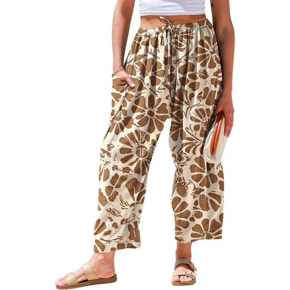 image:imageTARSE Womens Linen Wide Leg Pants Casual Loose Drawstring Summer 2025 Beach Travel Vacation Palazzo Harem Pants with PocketsSun Flower Brown