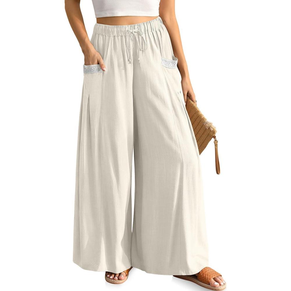 image:imageTARSE Womens Linen Wide Leg Pants Flowy Palazzo Trendy Casual Lounge Boho Drawstring Trousers Summer Beach with PocketsLight Apricot
