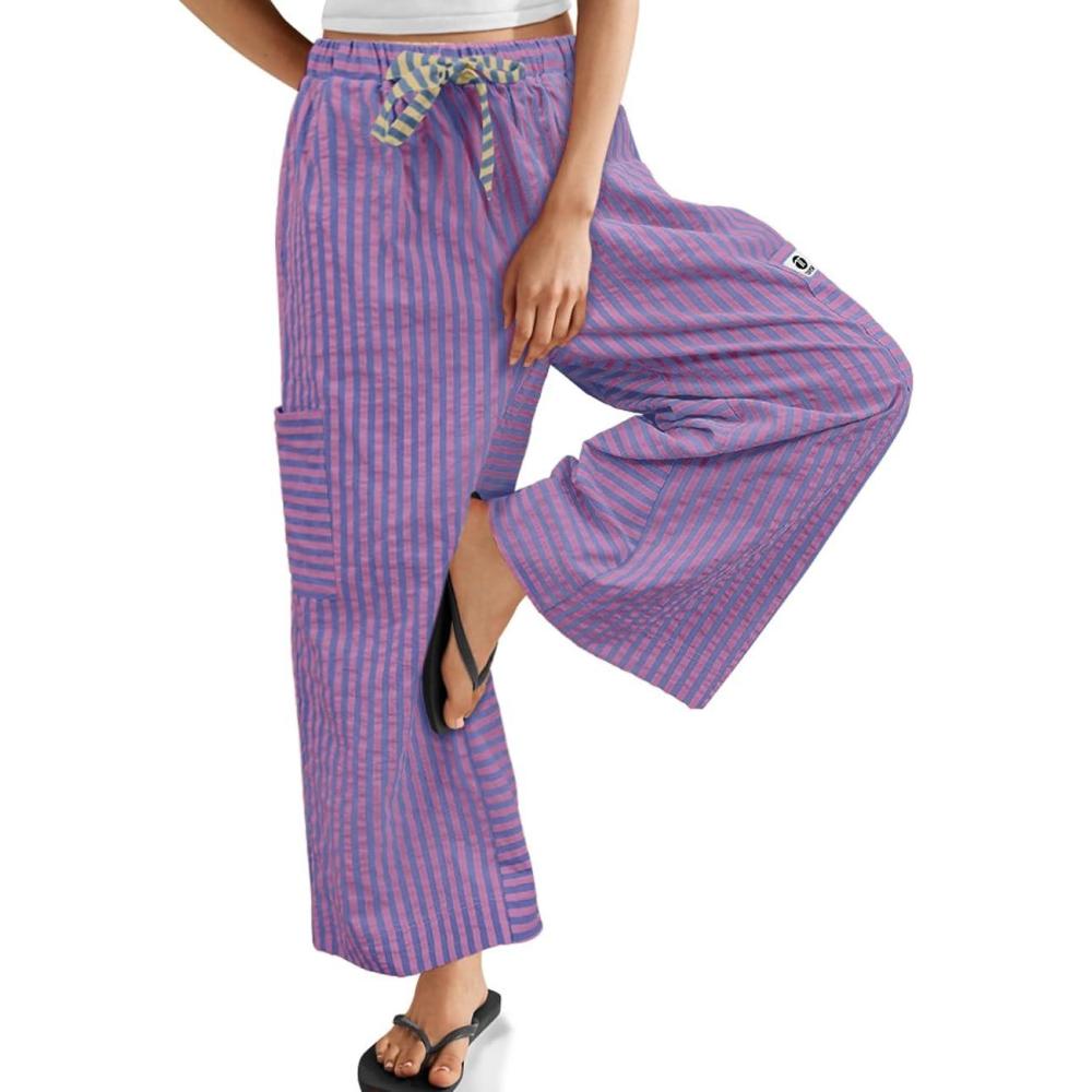image:imageTARSE Womens Striped Wide Leg Pants Drawstring Casual Boho Palazzo Pants Loose Lounge Beach Vacation TrousersRose Purple Stripe