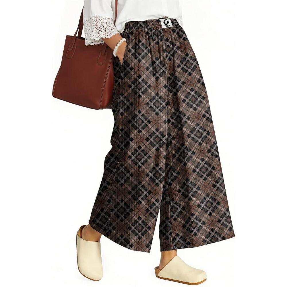 image:imageTARSE Womens Wide Leg Linen Capri Pants Summer Elastic Waist Palazzo Trousers Bottoms with PocketsTwill Flange Black Coffee