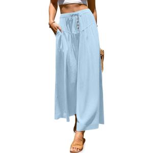 TARSE Women Linen Wide Leg Pants Palazzo High Waisted Boho Loose Casual Lounge Pant Beach Travel Vacation Outfits(Aqua Blue)