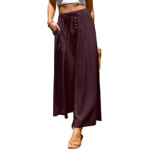 TARSE Women Linen Wide Leg Pants Palazzo High Waisted Boho Loose Casual Lounge Pant Beach Travel Vacation Outfits(Burgundy)