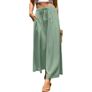 TARSE Women Linen Wide Leg Pants Palazzo High Waisted Boho Loose Casual Lounge Pant Beach Travel Vacation Outfits(Light Army Green)