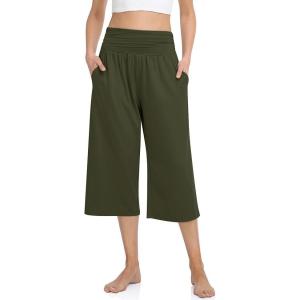TARSE Womens Capris Lounge Yoga Pajama Cropped Pants Casual Wide Leg with Pockets Elastic Waist Workout Sweat Pants Summer(Armygreen)