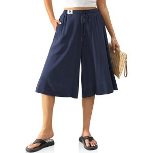 TARSE Women’s Linen Capri Pants Flared Wide Leg Drawstring Culottes Summer Loose Elastic Waist Pants with Pocket(Dark Blue)
