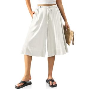 TARSE Women’s Linen Capri Pants Flared Wide Leg Drawstring Culottes Summer Loose Elastic Waist Pants with Pocket(Milky White)