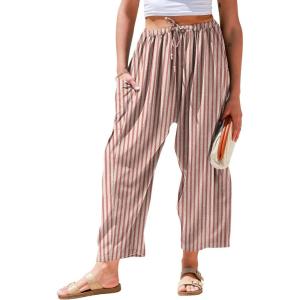 TARSE Womens Linen Wide Leg Pants Casual Loose Drawstring Summer 2025 Beach Travel Vacation Palazzo Harem Pants with Pockets(Stripe Rustred Beige)