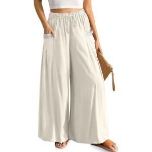 TARSE Women’s Linen Wide Leg Pants Flowy Palazzo Trendy Casual Lounge Boho Drawstring Trousers Summer Beach with Pockets(Light Apricot)