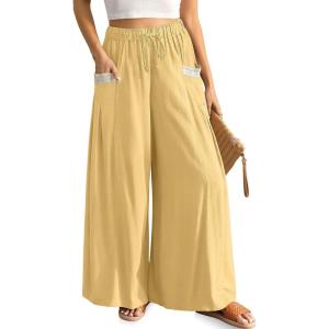 TARSE Women’s Linen Wide Leg Pants Flowy Palazzo Trendy Casual Lounge Boho Drawstring Trousers Summer Beach with Pockets(Rust Yellow)