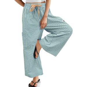 TARSE Women’s Striped Wide Leg Pants Drawstring Casual Boho Palazzo Pants Loose Lounge Beach Vacation Trousers(Blue Green Stripe)