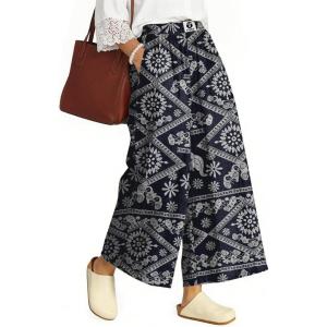 TARSE Womens Wide Leg Linen Capri Pants Summer Elastic Waist Palazzo Trousers Bottoms with Pockets(Elephant Navy)