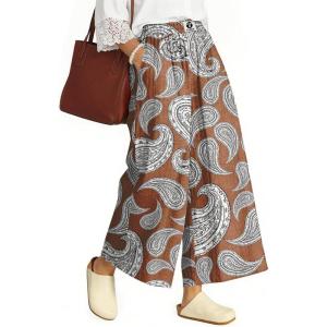 TARSE Womens Wide Leg Linen Capri Pants Summer Elastic Waist Palazzo Trousers Bottoms with Pockets(Paisley Coffee Black)