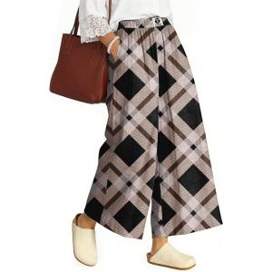 TARSE Womens Wide Leg Linen Capri Pants Summer Elastic Waist Palazzo Trousers Bottoms with Pockets(Twill Flange Black Beige)
