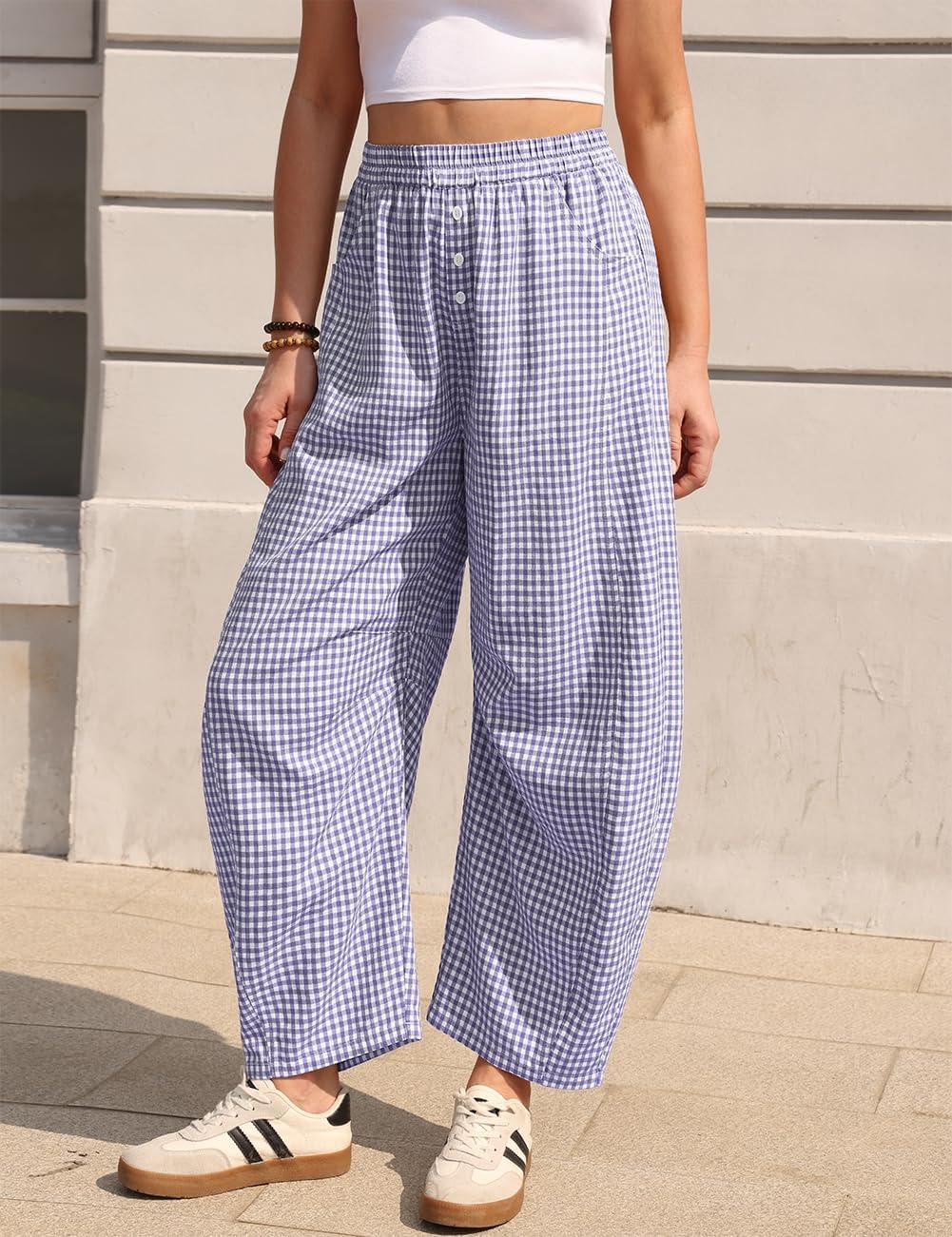 image:imageTARSE Gingham Pants Women Barrel Loose Wide Leg Checkered Casual Linen Plaid Trousers with PocketsPurple White Plaid