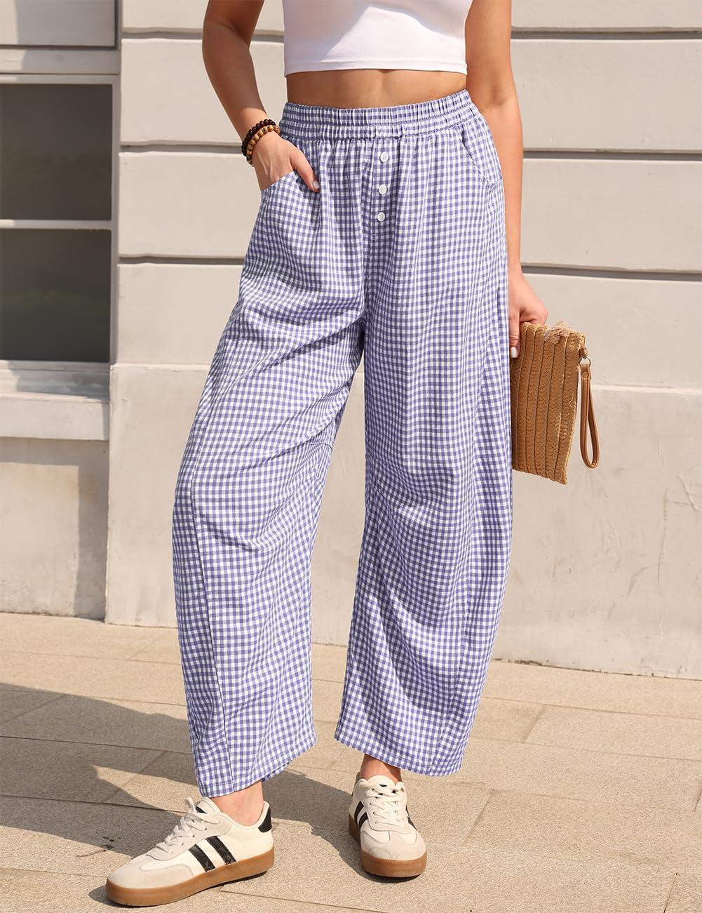 image:imageTARSE Gingham Pants Women Barrel Loose Wide Leg Checkered Casual Linen Plaid Trousers with PocketsPurple White Plaid