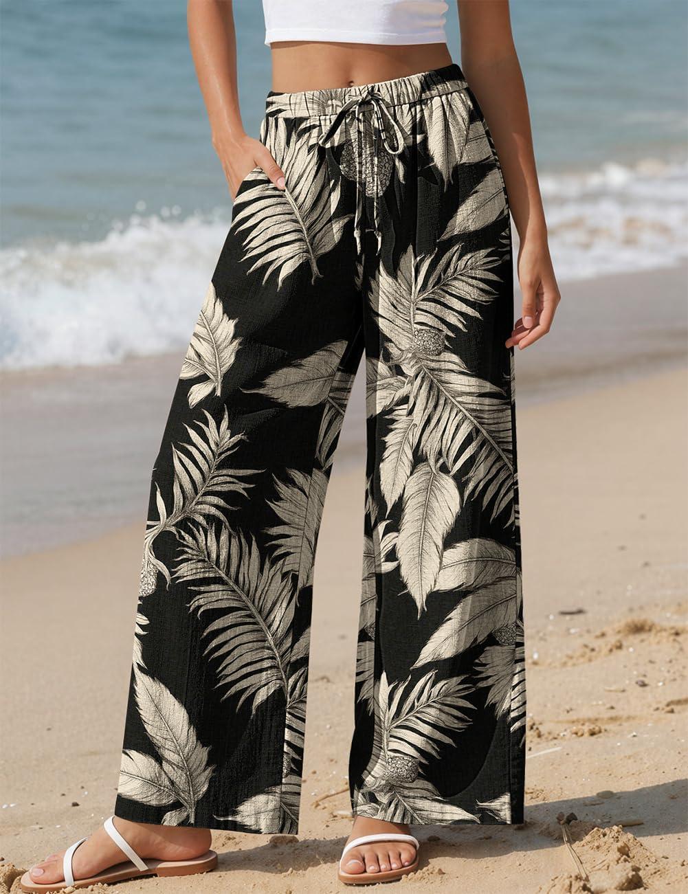 image:imageTARSE Women Linen Palazzo Pants Summer Wide Leg Casual Lounge Pant 2026 Beach Travel Vacation OutfitsCoconut Leave