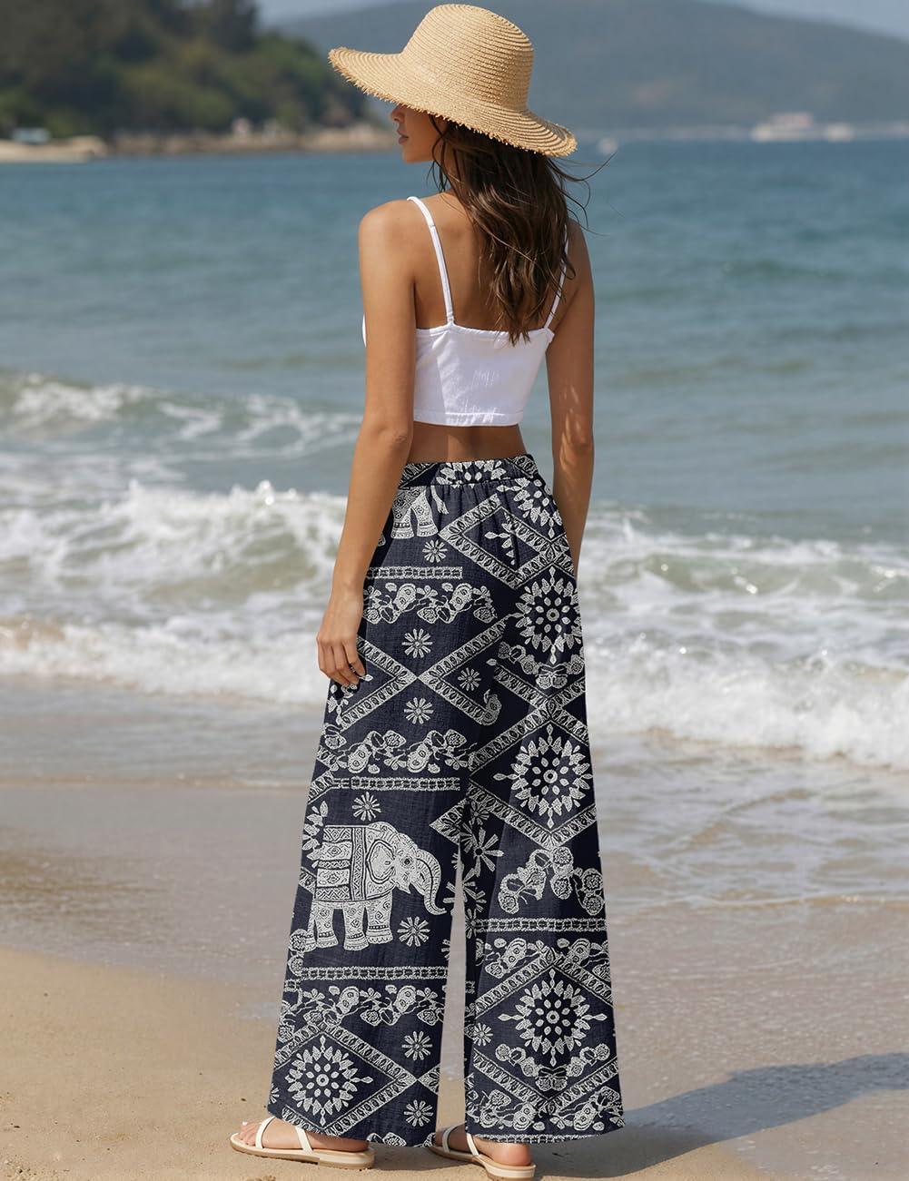 image:imageTARSE Women Linen Palazzo Pants Summer Wide Leg Casual Lounge Pant 2026 Beach Travel Vacation OutfitsElephant Navy