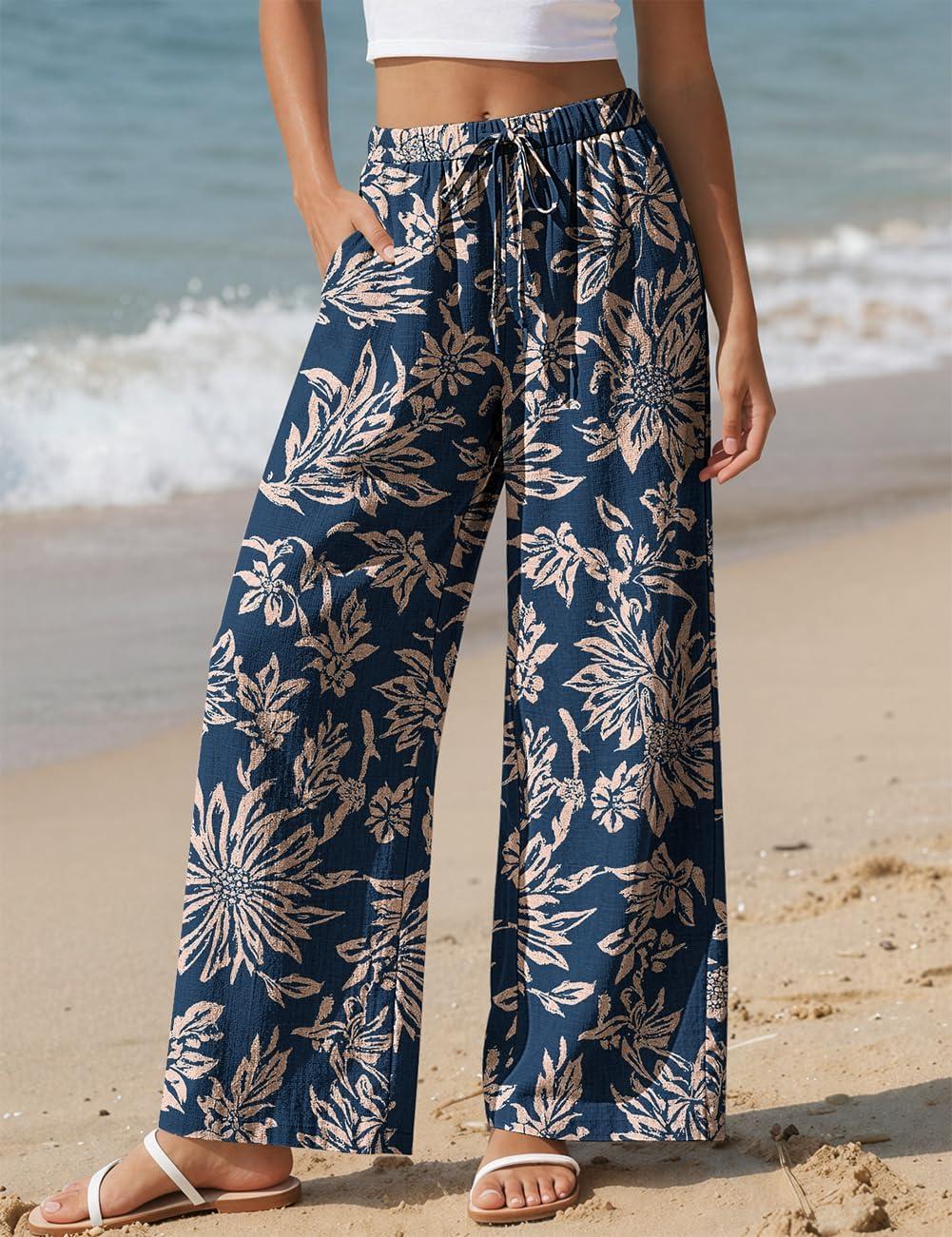 image:imageTARSE Women Linen Palazzo Pants Summer Wide Leg Casual Lounge Pant 2026 Beach Travel Vacation OutfitsFlower Leave Blue