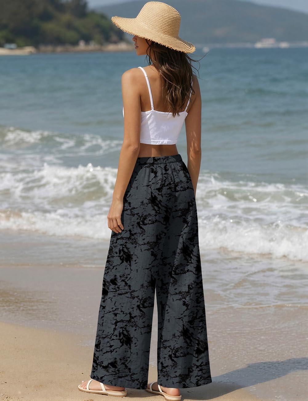 image:imageTARSE Women Linen Palazzo Pants Summer Wide Leg Casual Lounge Pant 2026 Beach Travel Vacation OutfitsMarble Gray
