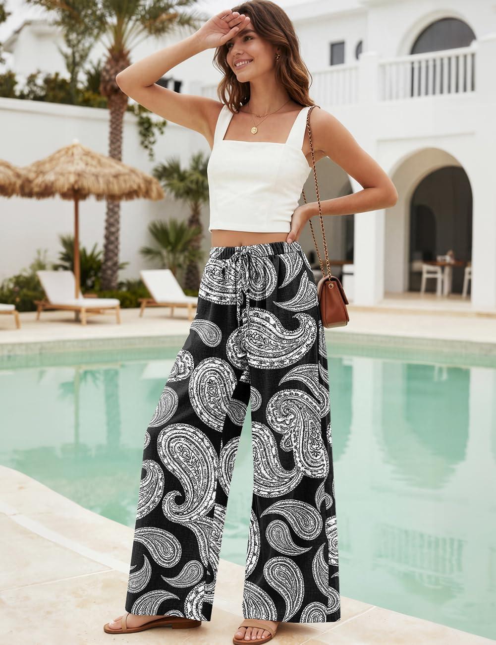 image:imageTARSE Women Linen Palazzo Pants Summer Wide Leg Casual Lounge Pant 2026 Beach Travel Vacation OutfitsPaisley Black