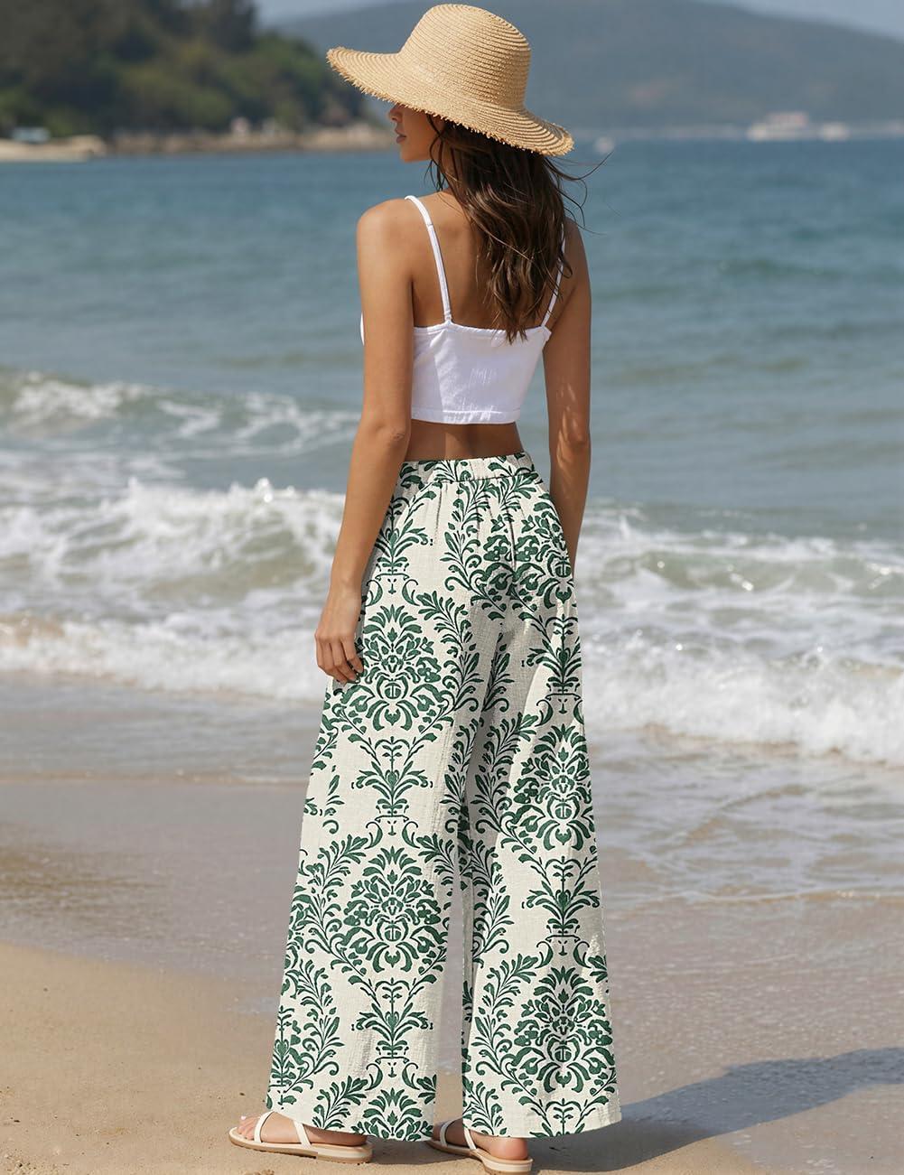 image:imageTARSE Women Linen Palazzo Pants Summer Wide Leg Casual Lounge Pant 2026 Beach Travel Vacation OutfitsPalazzo Green