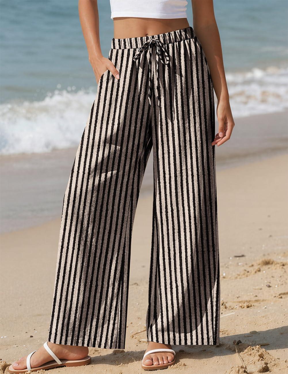 image:imageTARSE Women Linen Palazzo Pants Summer Wide Leg Casual Lounge Pant 2026 Beach Travel Vacation OutfitsStripe Black Beige