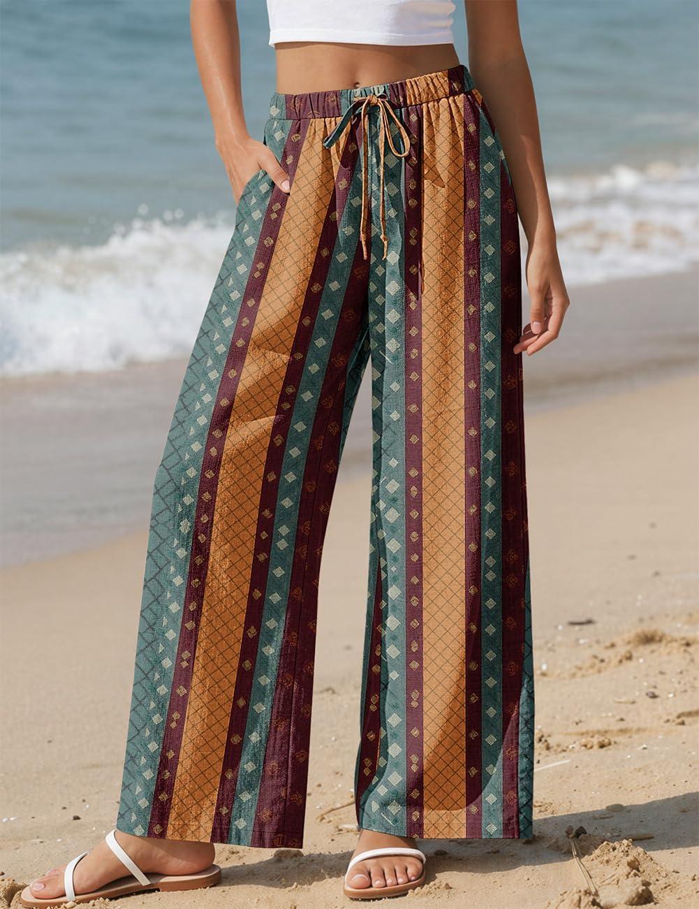 image:imageTARSE Women Linen Palazzo Pants Summer Wide Leg Casual Lounge Pant 2026 Beach Travel Vacation OutfitsStripe Colorful