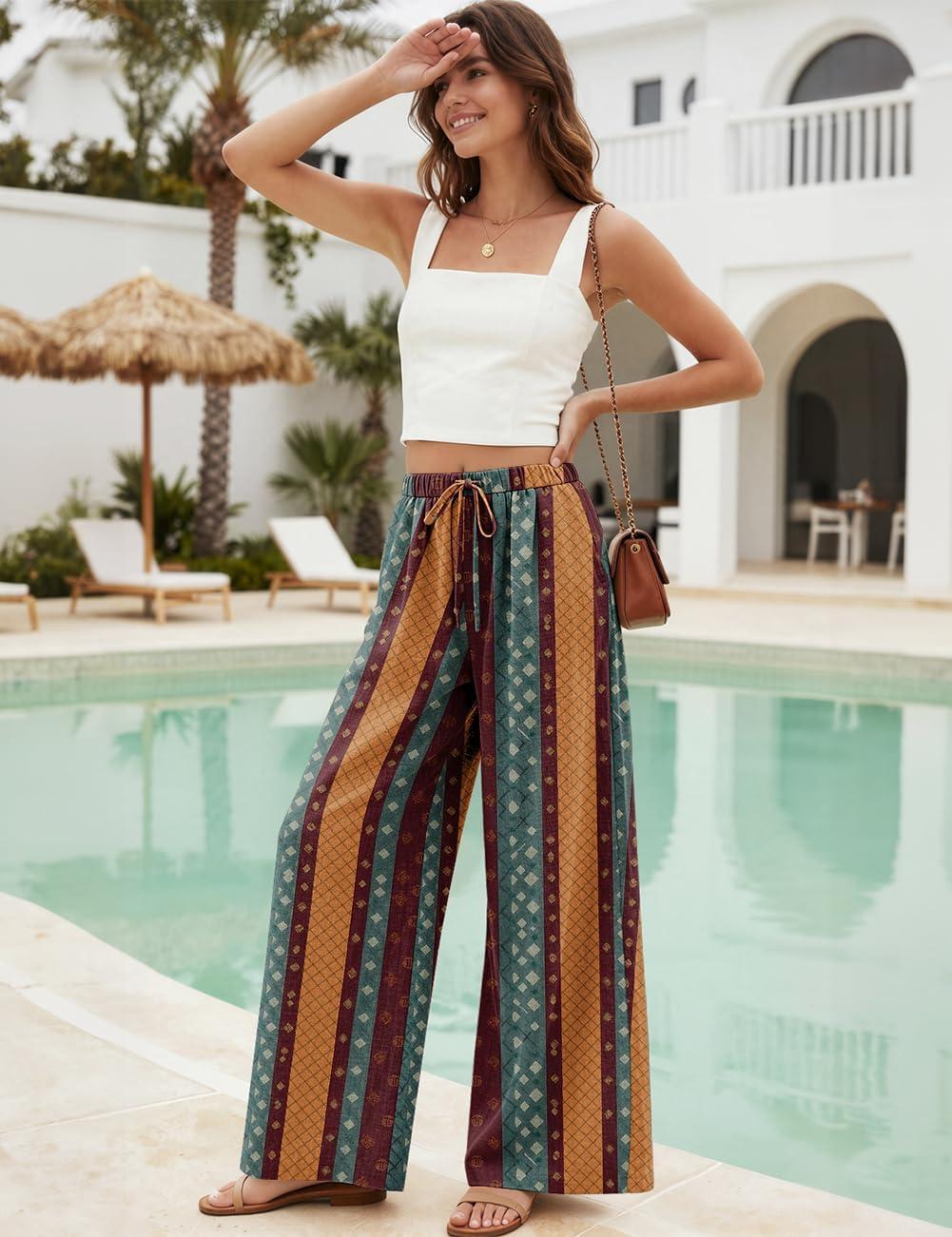 image:imageTARSE Women Linen Palazzo Pants Summer Wide Leg Casual Lounge Pant 2026 Beach Travel Vacation OutfitsStripe Colorful