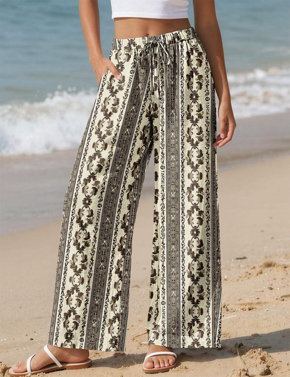 image:imageTARSE Women Linen Palazzo Pants Summer Wide Leg Casual Lounge Pant 2026 Beach Travel Vacation OutfitsStripe Khaki