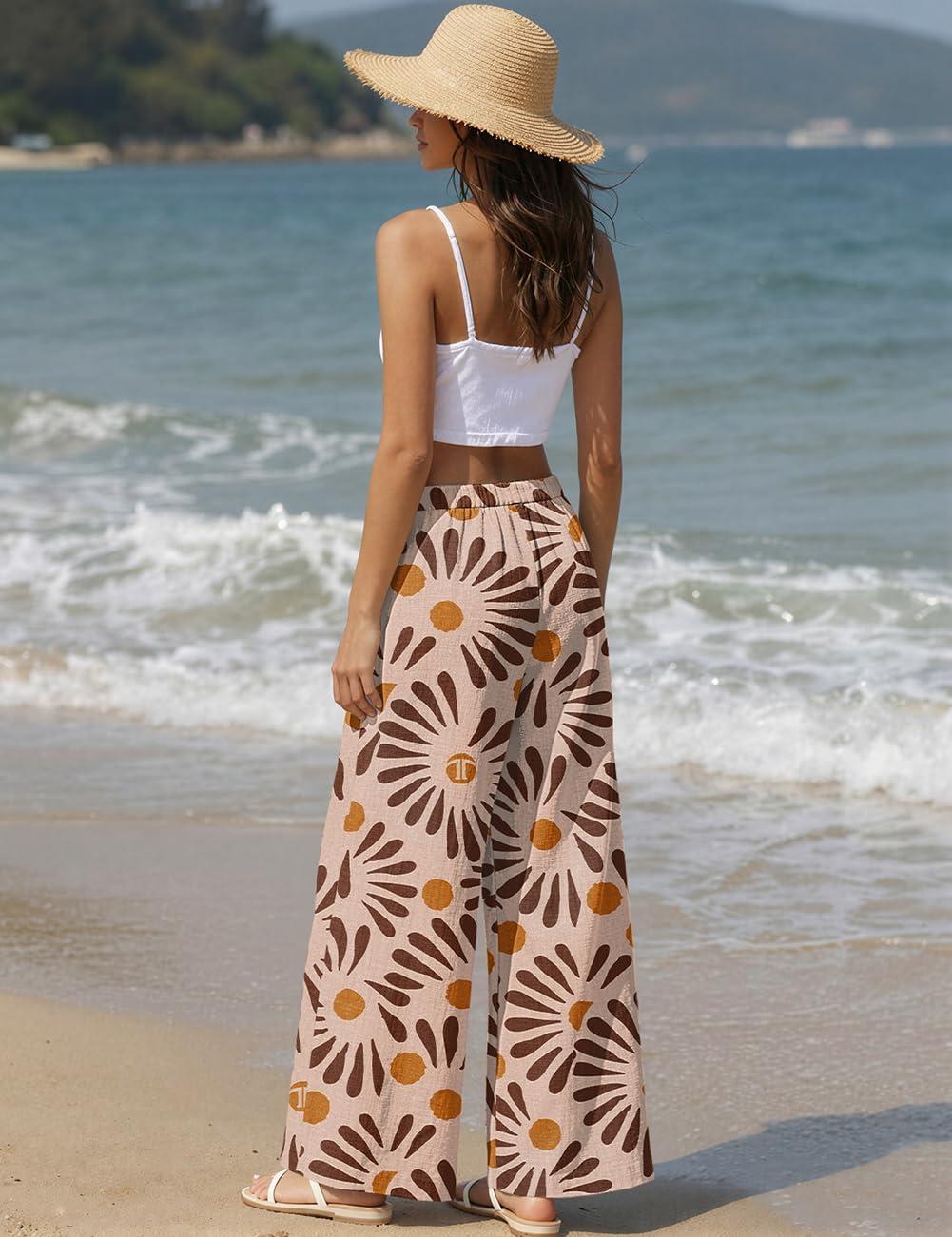 image:imageTARSE Women Linen Palazzo Pants Summer Wide Leg Casual Lounge Pant 2026 Beach Travel Vacation OutfitsSun Floral