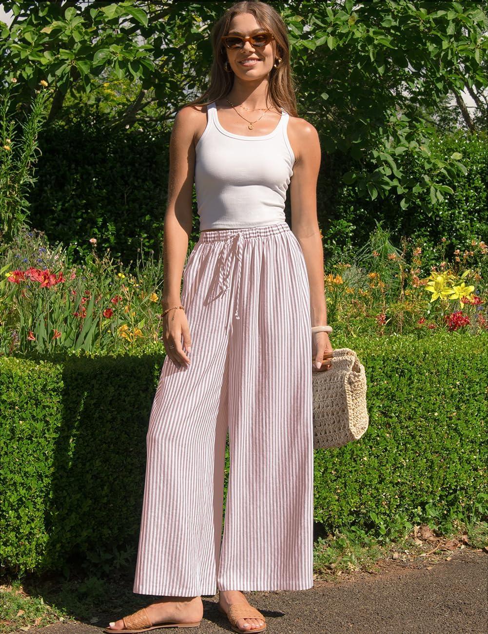 image:imageTARSE Womens Linen Striped Gingham Wide Leg Pants Palazzo Drawstring Lounge Pajama Pants Cute Casual Trousers with PocketsBean Paste White Stripe