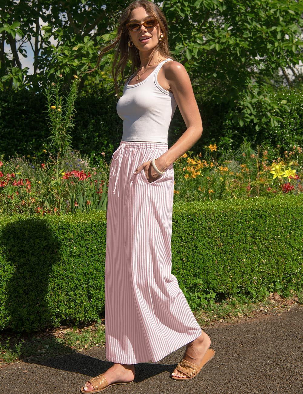 image:imageTARSE Womens Linen Striped Gingham Wide Leg Pants Palazzo Drawstring Lounge Pajama Pants Cute Casual Trousers with PocketsBean Paste White Stripe