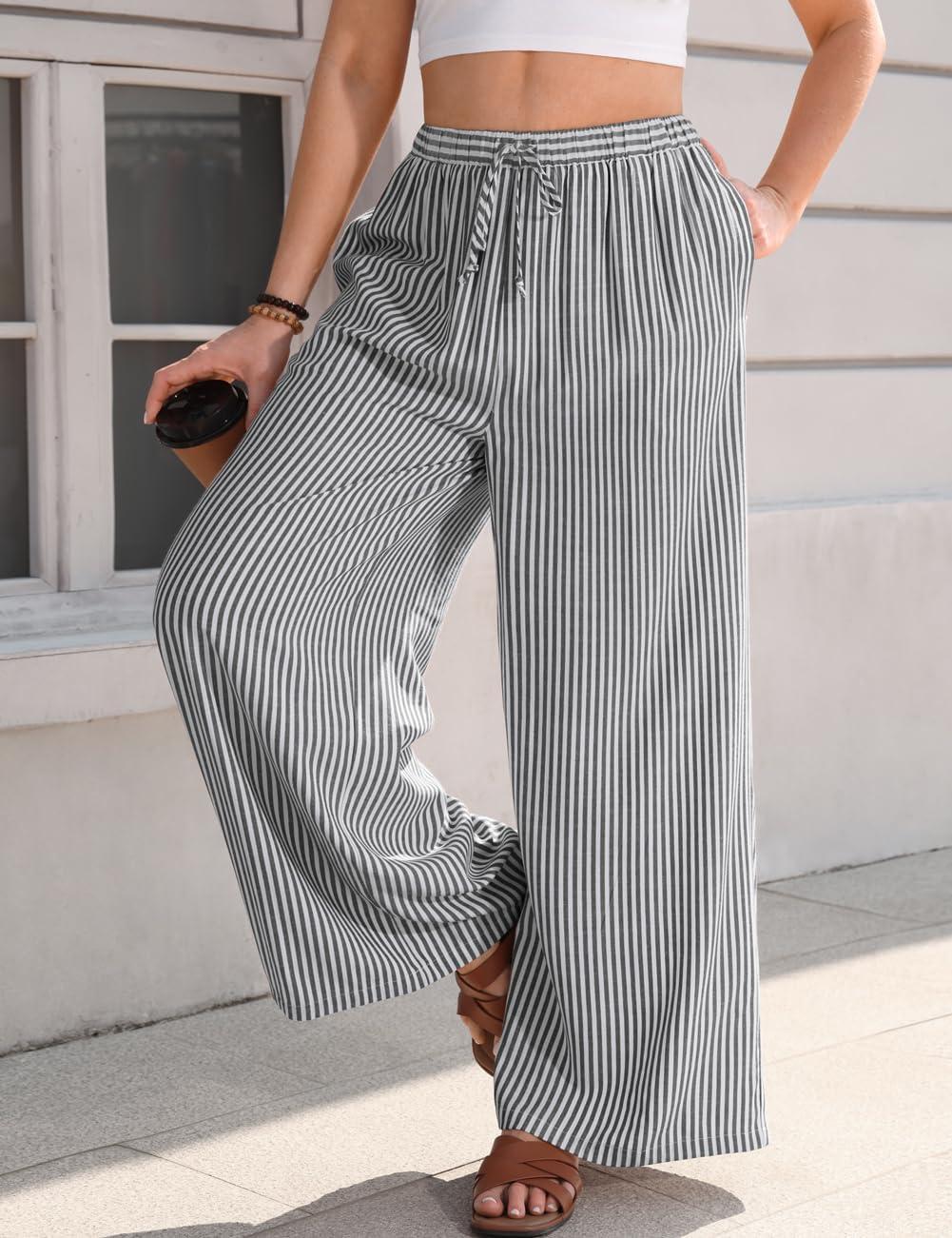 image:imageTARSE Womens Linen Striped Gingham Wide Leg Pants Palazzo Drawstring Lounge Pajama Pants Cute Casual Trousers with PocketsBlackwhite Striped