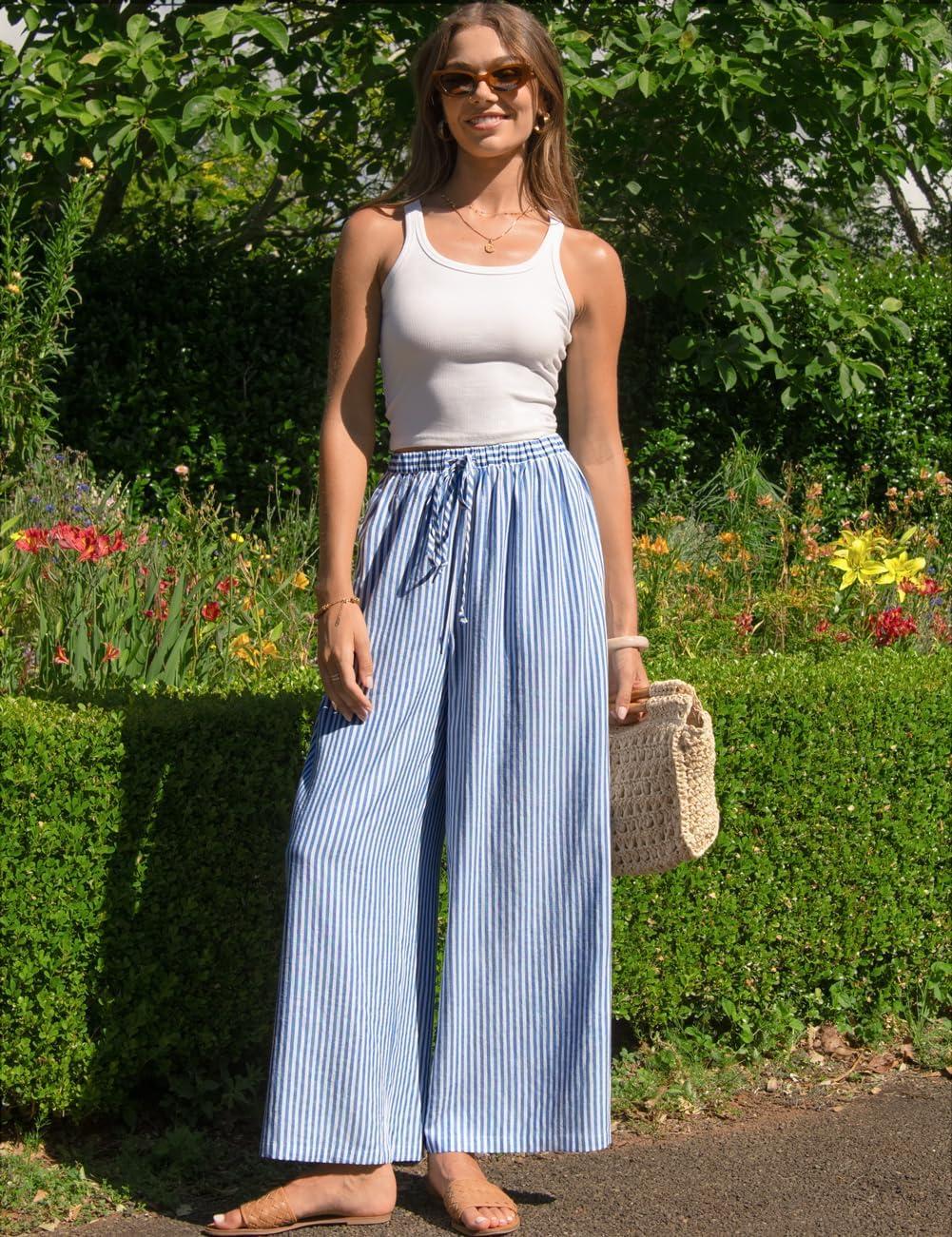 image:imageTARSE Womens Linen Striped Gingham Wide Leg Pants Palazzo Drawstring Lounge Pajama Pants Cute Casual Trousers with PocketsBlue Striped