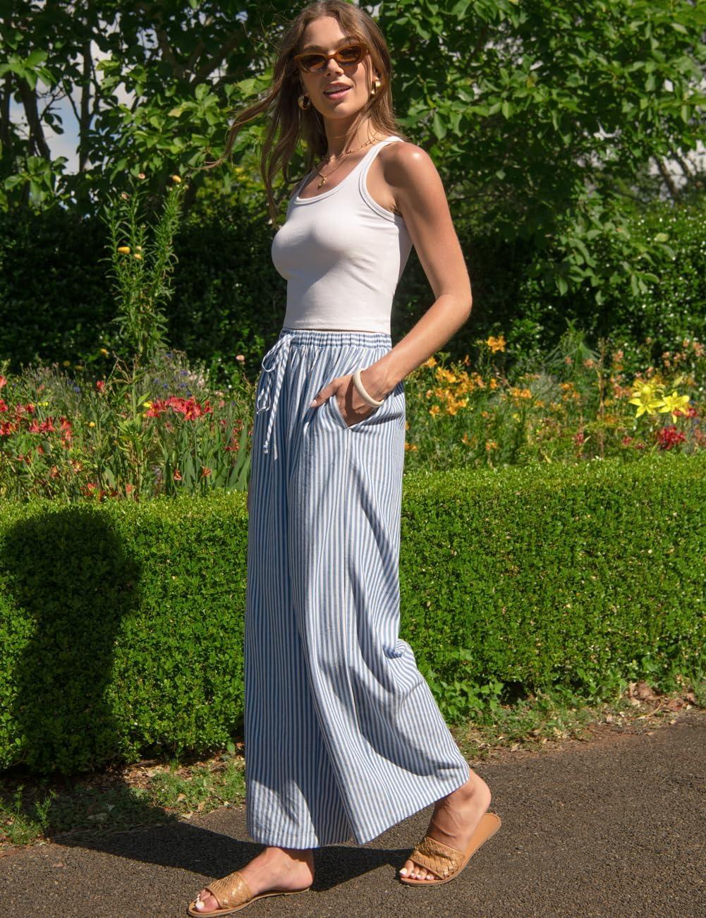 image:imageTARSE Womens Linen Striped Gingham Wide Leg Pants Palazzo Drawstring Lounge Pajama Pants Cute Casual Trousers with PocketsBlue Striped