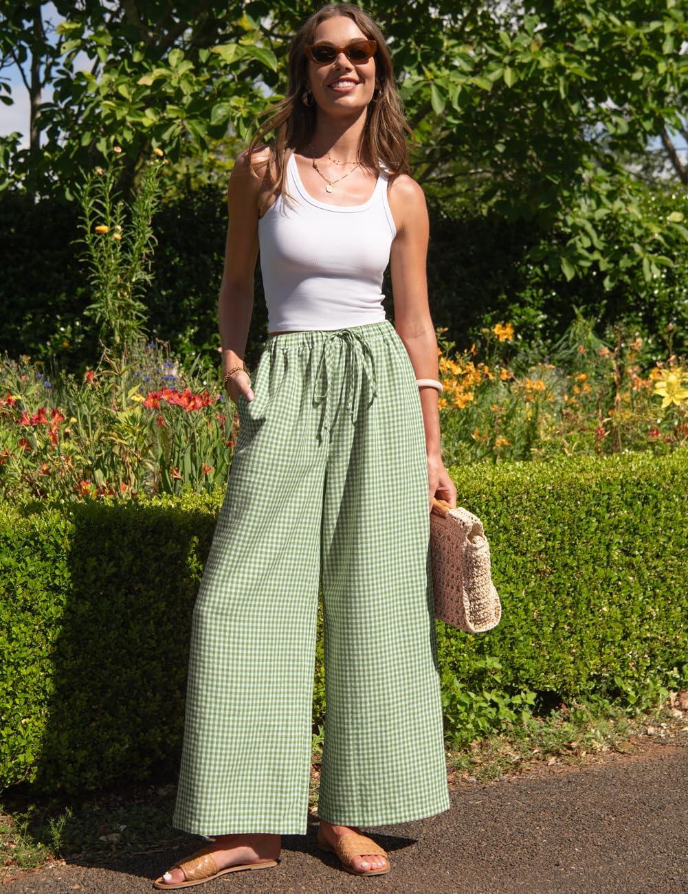 image:imageTARSE Womens Linen Striped Gingham Wide Leg Pants Palazzo Drawstring Lounge Pajama Pants Cute Casual Trousers with PocketsGreenwhite Plaid