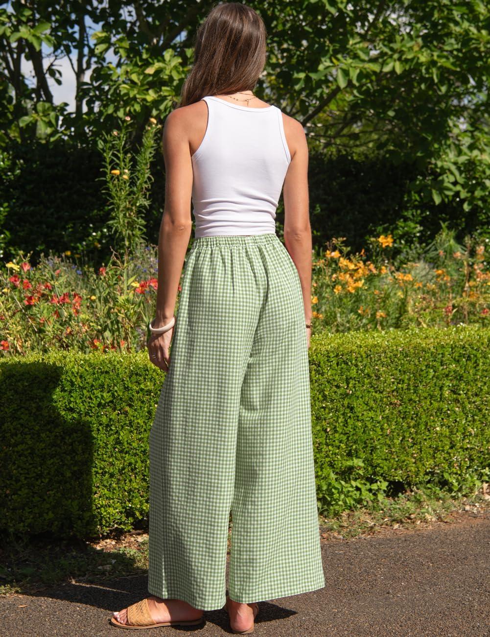 image:imageTARSE Womens Linen Striped Gingham Wide Leg Pants Palazzo Drawstring Lounge Pajama Pants Cute Casual Trousers with PocketsGreenwhite Plaid