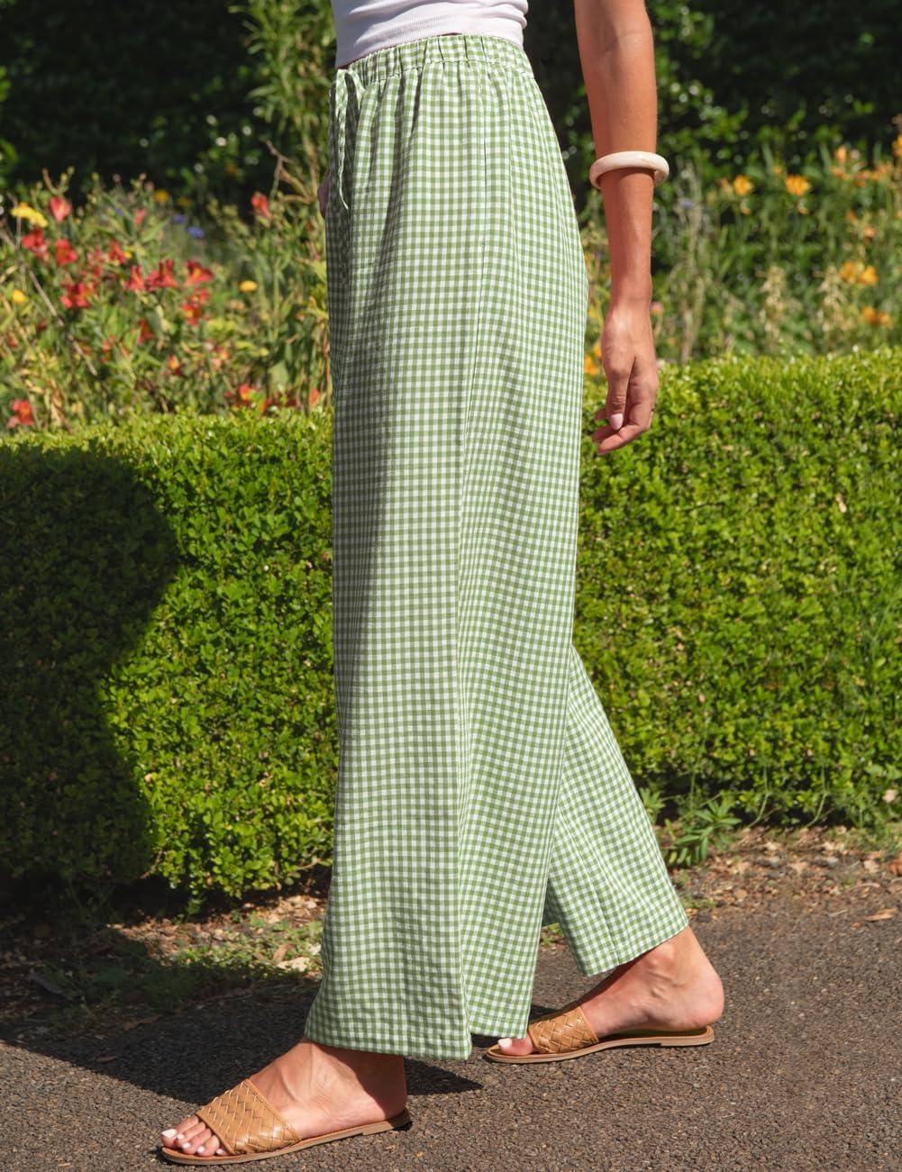 image:imageTARSE Womens Linen Striped Gingham Wide Leg Pants Palazzo Drawstring Lounge Pajama Pants Cute Casual Trousers with PocketsGreenwhite Plaid