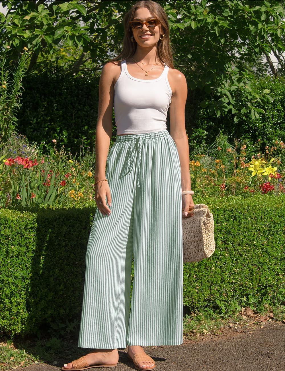 image:imageTARSE Womens Linen Striped Gingham Wide Leg Pants Palazzo Drawstring Lounge Pajama Pants Cute Casual Trousers with PocketsLight Green White Stripe