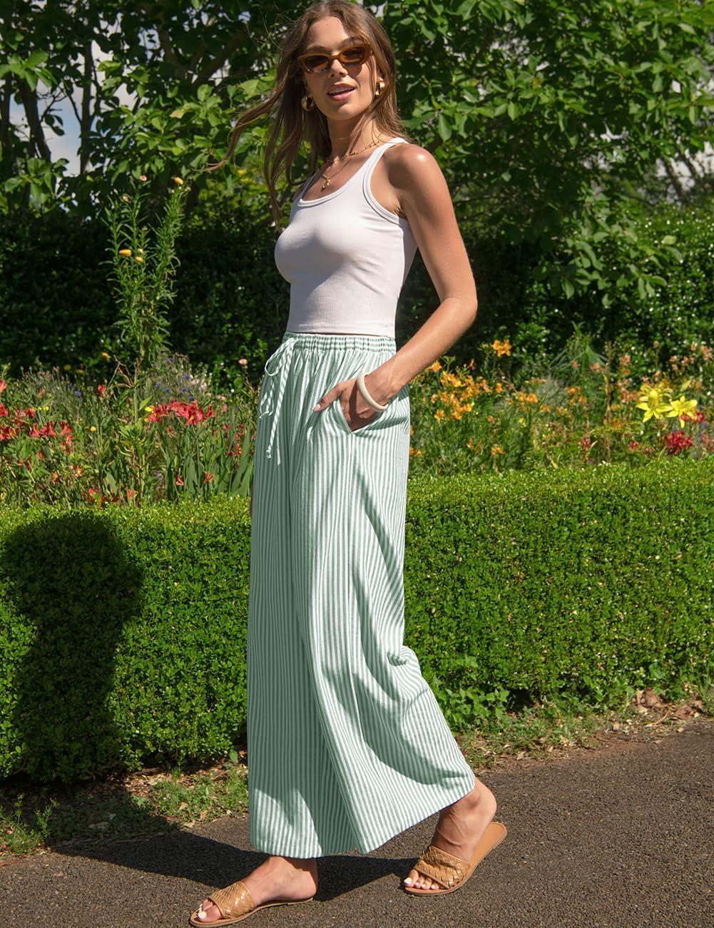 image:imageTARSE Womens Linen Striped Gingham Wide Leg Pants Palazzo Drawstring Lounge Pajama Pants Cute Casual Trousers with PocketsLight Green White Stripe