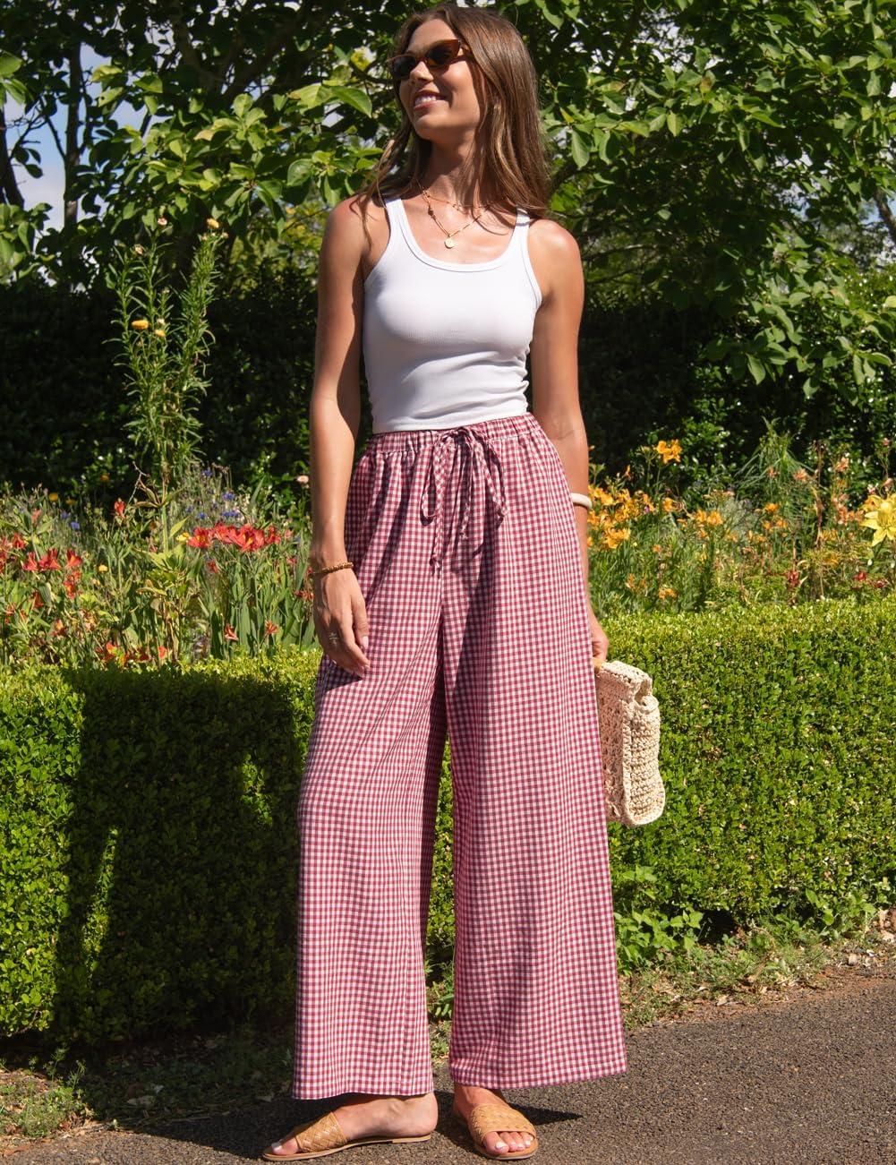 image:imageTARSE Womens Linen Striped Gingham Wide Leg Pants Palazzo Drawstring Lounge Pajama Pants Cute Casual Trousers with PocketsRedwhite Plaid