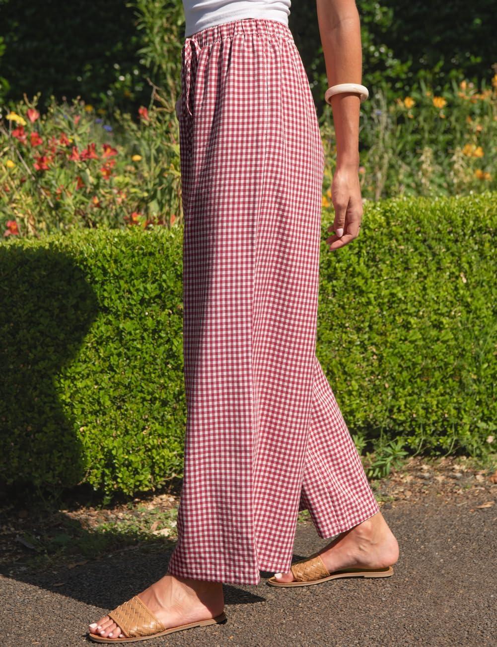 image:imageTARSE Womens Linen Striped Gingham Wide Leg Pants Palazzo Drawstring Lounge Pajama Pants Cute Casual Trousers with PocketsRedwhite Plaid
