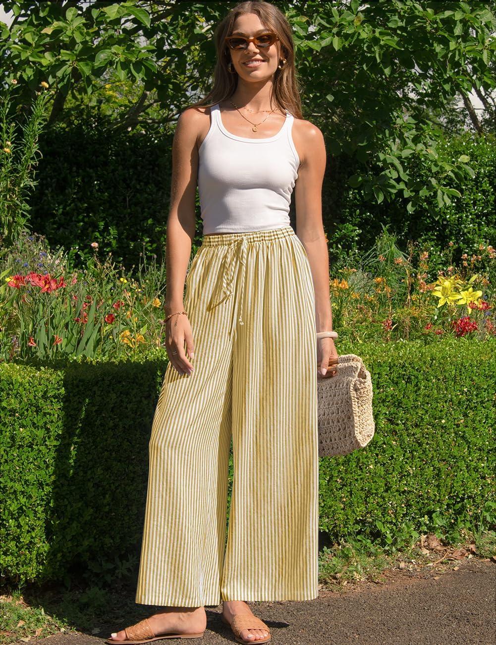 image:imageTARSE Womens Linen Striped Gingham Wide Leg Pants Palazzo Drawstring Lounge Pajama Pants Cute Casual Trousers with PocketsYellow Stripe