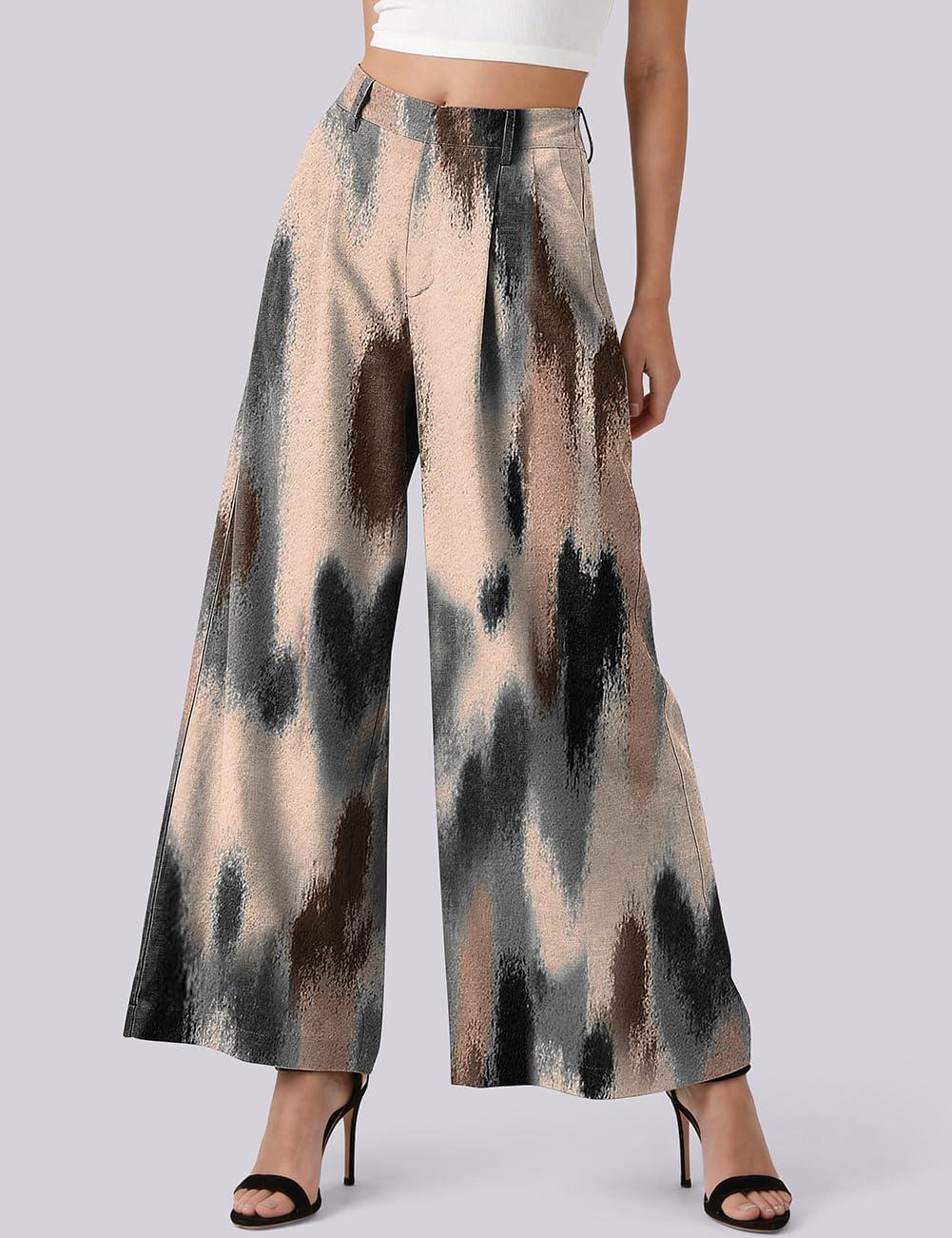 image:imageTARSE Womens Linen Wide Leg Palazzo Pants 2026 High Waist Pleated Printed Flowy Work Casual Trousers with PocketsColorfulpaint