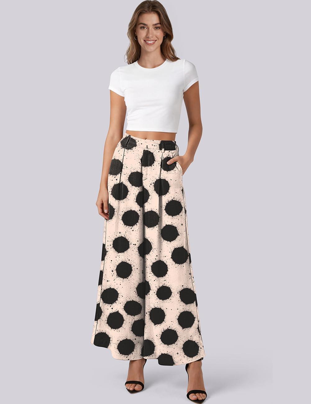 image:imageTARSE Womens Linen Wide Leg Palazzo Pants 2026 High Waist Pleated Printed Flowy Work Casual Trousers with PocketsDotvblack