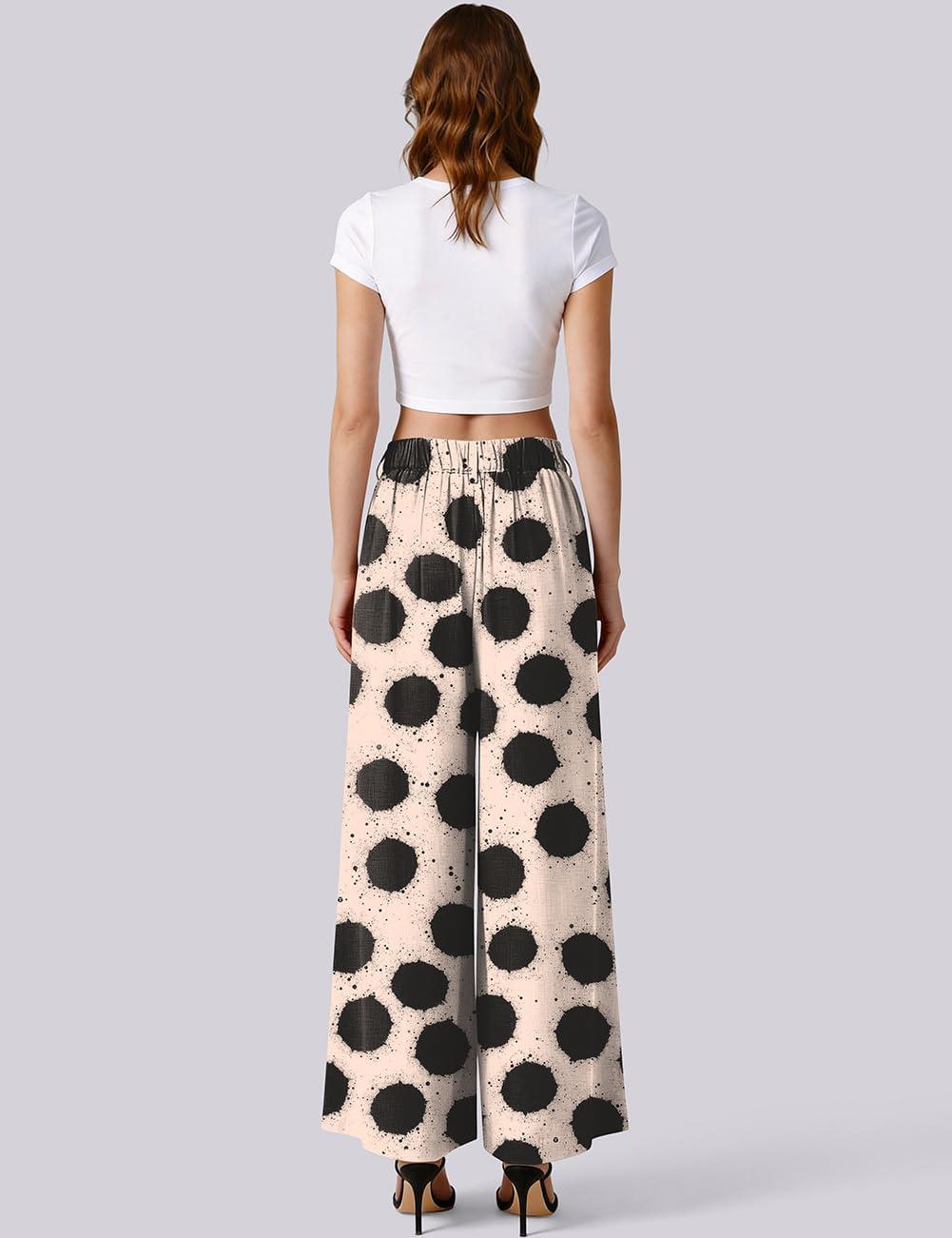 image:imageTARSE Womens Linen Wide Leg Palazzo Pants 2026 High Waist Pleated Printed Flowy Work Casual Trousers with PocketsDotvblack