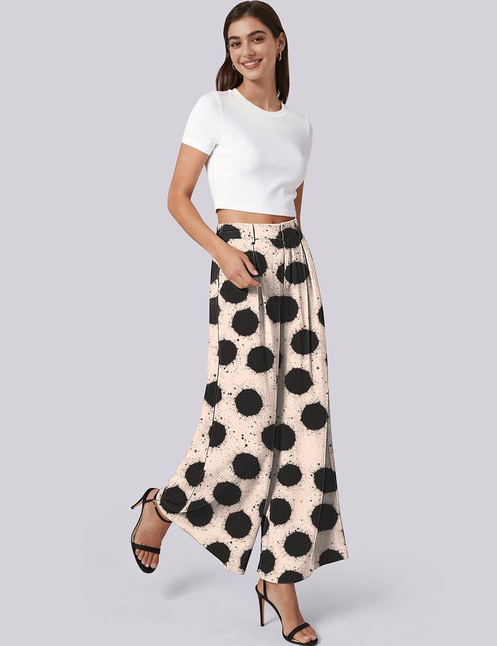 image:imageTARSE Womens Linen Wide Leg Palazzo Pants 2026 High Waist Pleated Printed Flowy Work Casual Trousers with PocketsDotvblack