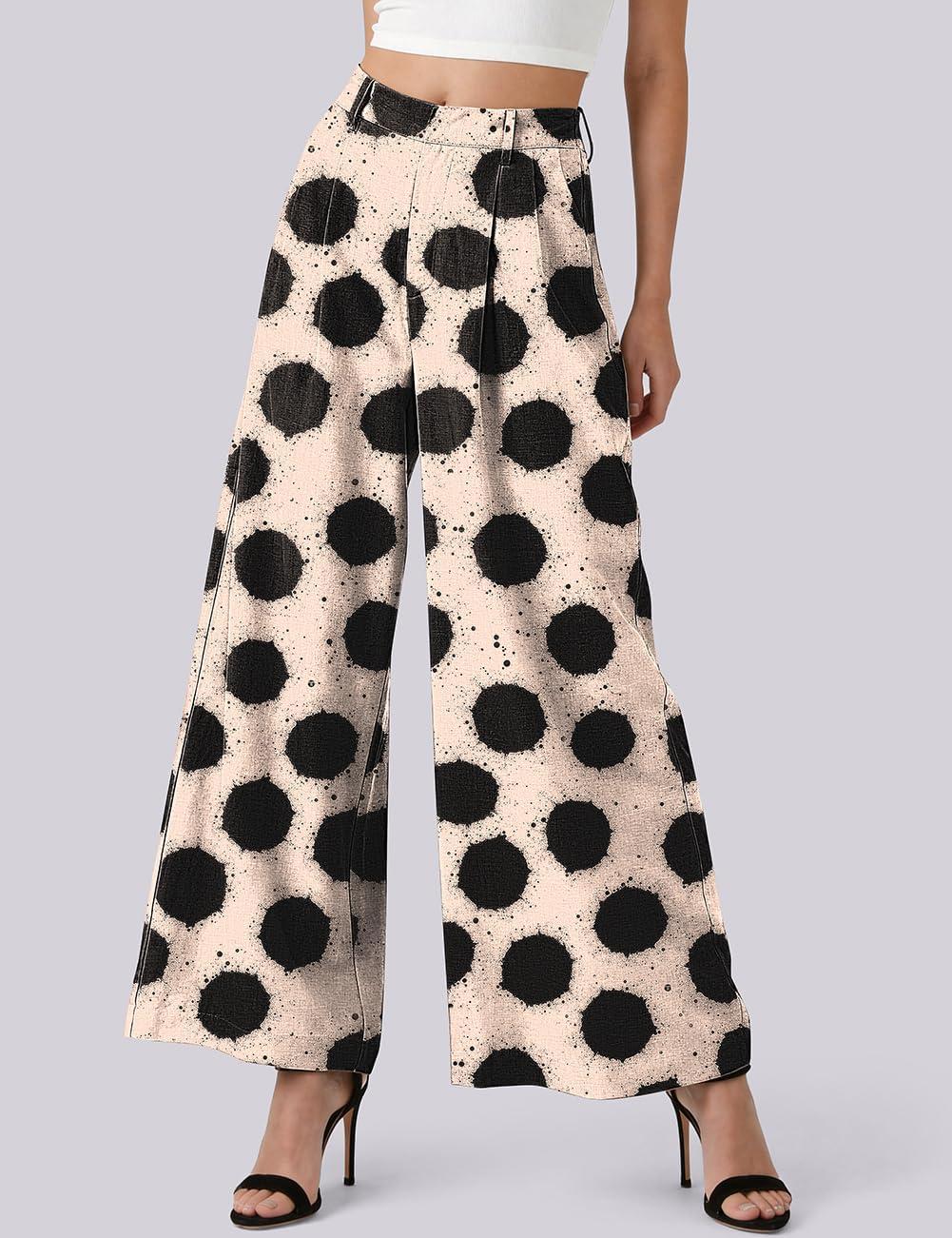 image:imageTARSE Womens Linen Wide Leg Palazzo Pants 2026 High Waist Pleated Printed Flowy Work Casual Trousers with PocketsDotvblack